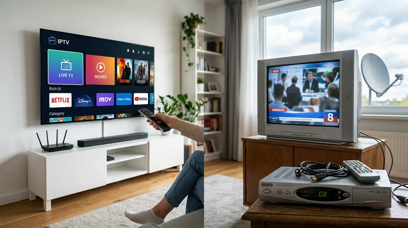 Side by side comparison of Luno IPTV versus traditional cable TV pricing and features